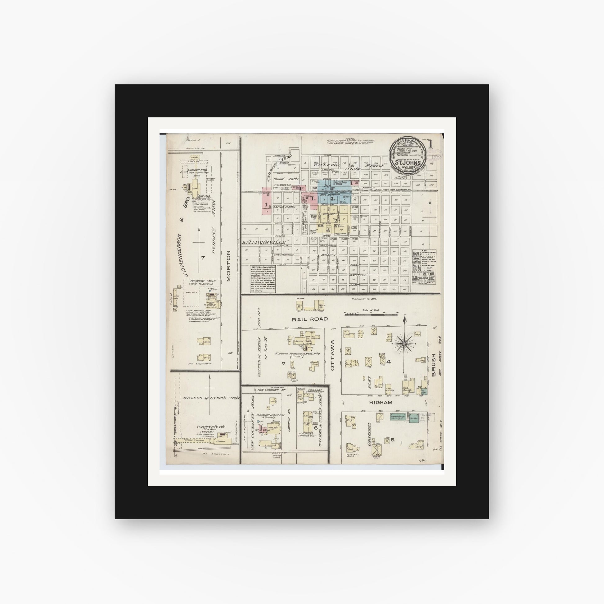 Old map wall art mockup — black gallery frame with white mat — Sanborn Fire Insurance Map from Saint Johns, Clinton County, Michigan (1884) - Complete Map Set