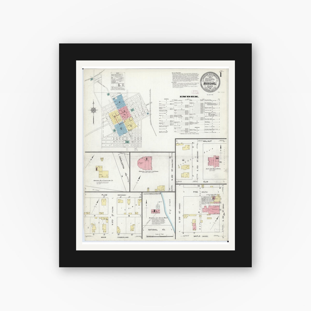 Old map wall art mockup — black gallery frame with white mat — Sanborn Fire Insurance Map from Marshall, Clark County, Illinois (1912) - Complete Map Set