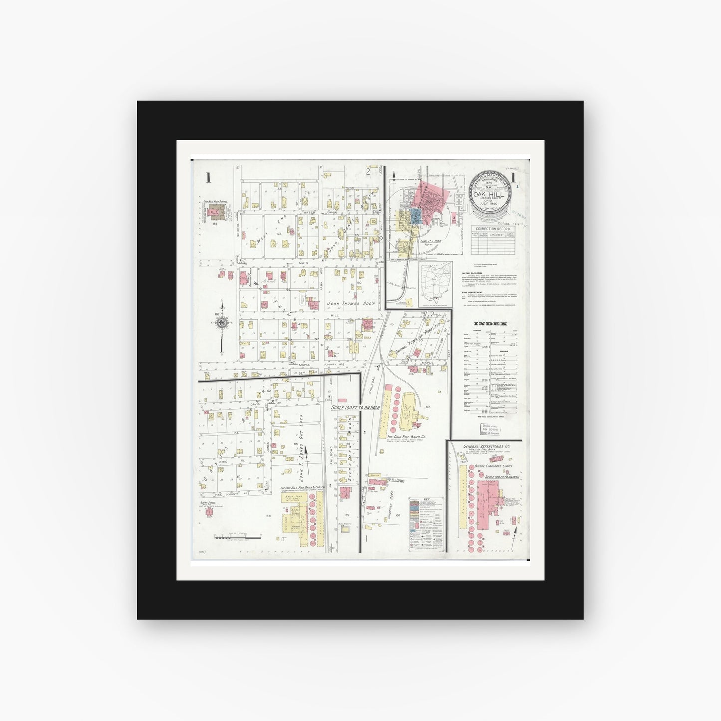Old map wall art mockup — black gallery frame with white mat — Sanborn Fire Insurance Map from Oak Hill, Jackson County, Ohio (1940), Sheet #0001
