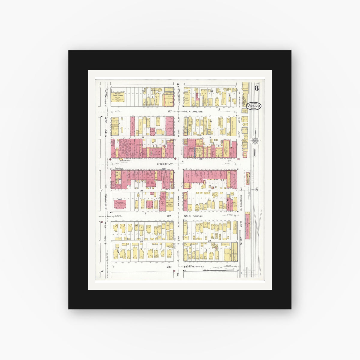 Old map wall art mockup — black gallery frame with white mat — Sanborn Fire Insurance Map from Virginia, Saint Louis County, Minnesota (1921), Sheet #0008
