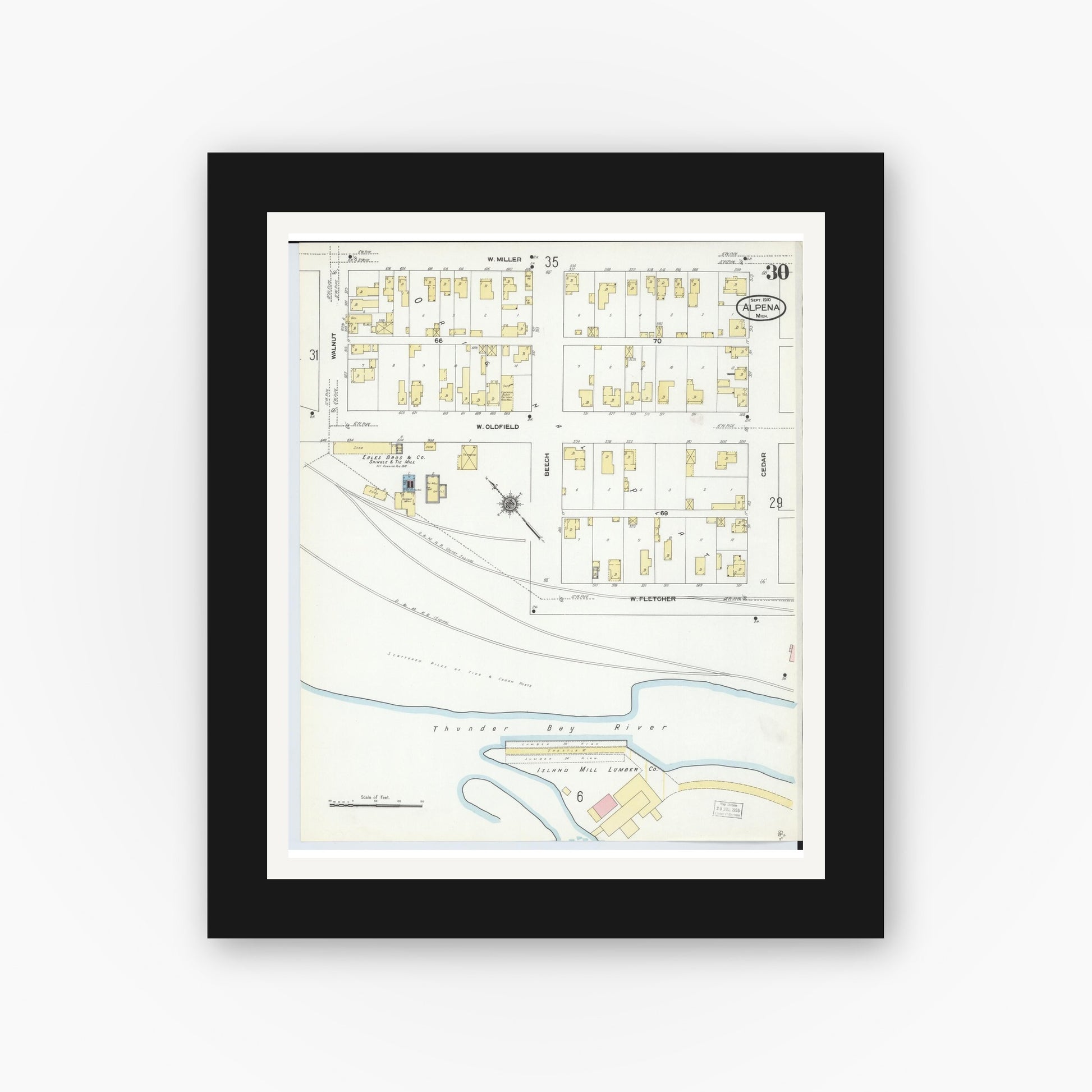 Old map wall art mockup — black gallery frame with white mat — Sanborn Fire Insurance Map from Alpena, Alpena County, Michigan (1910), Sheet #0030