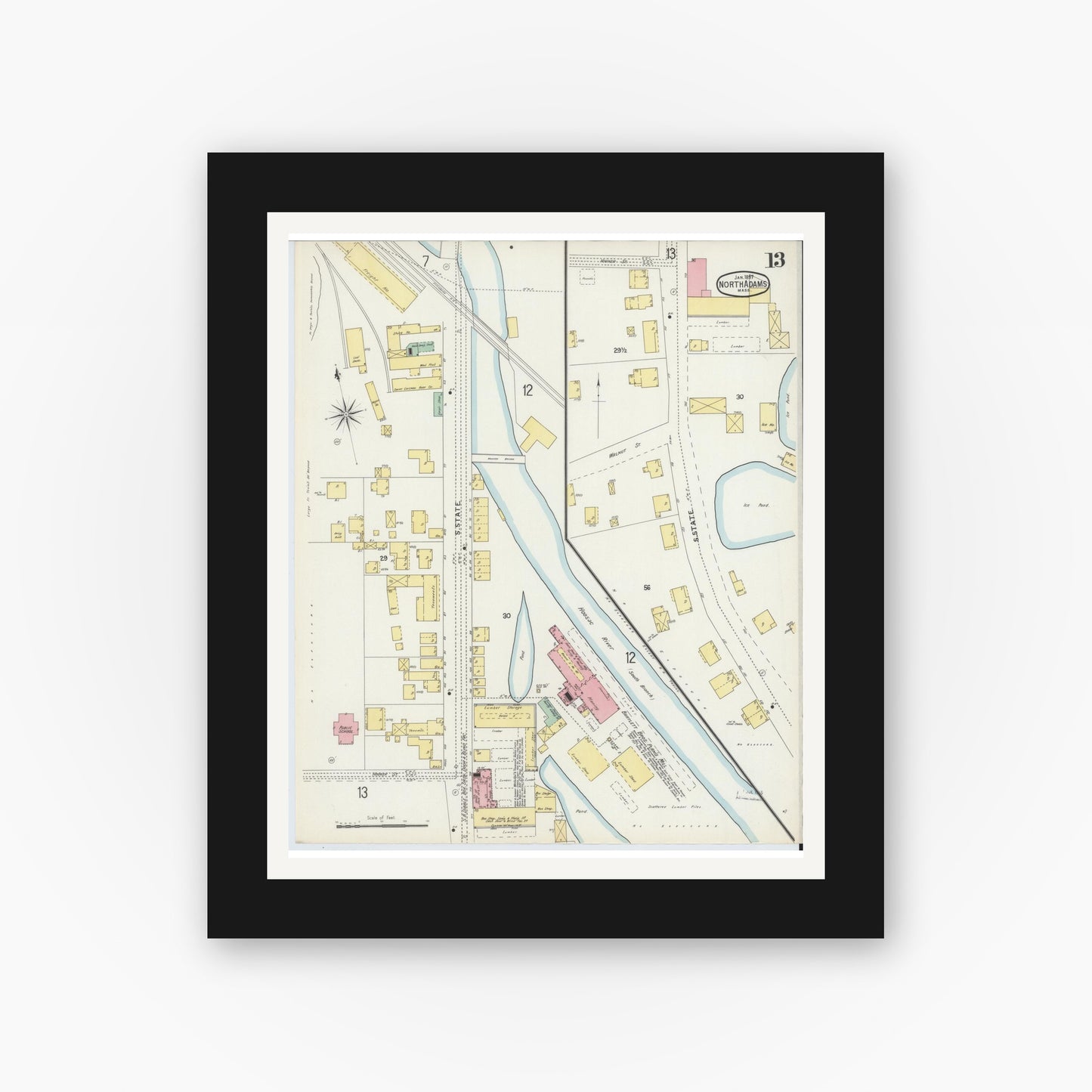Old map wall art mockup — black gallery frame with white mat — Sanborn Fire Insurance Map from North Adams, Berkshire County, Massachusetts (1897), Sheet #0013