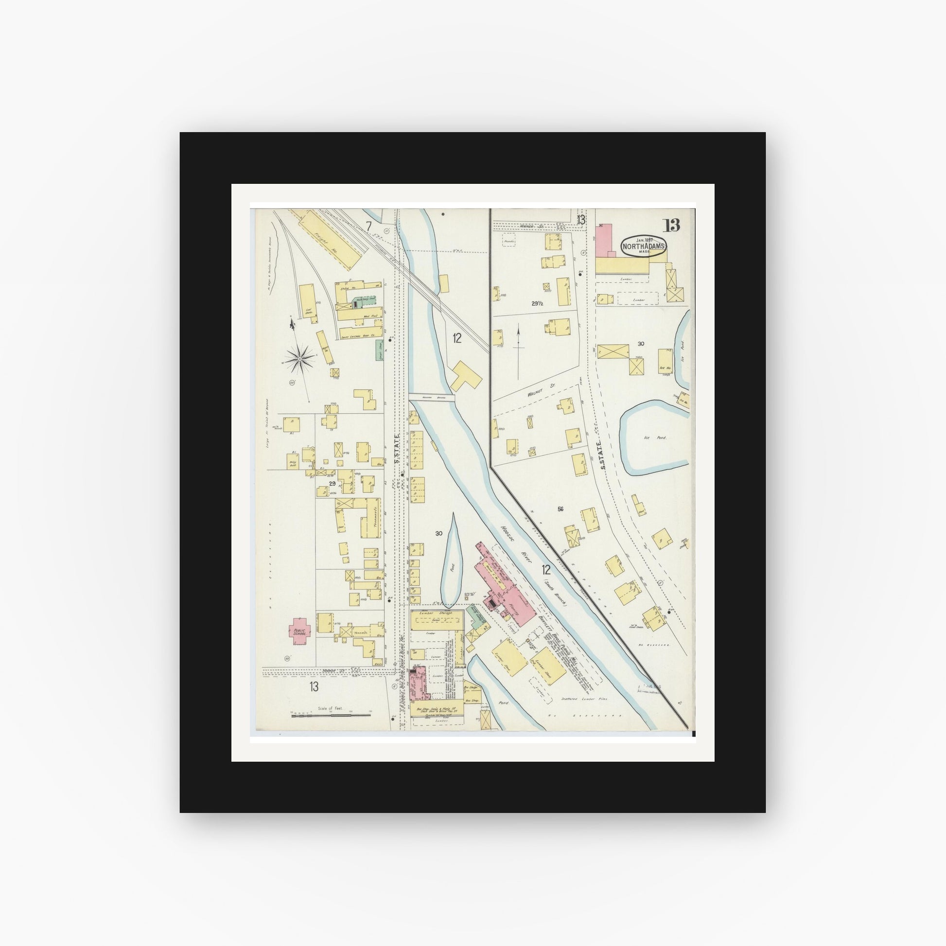Old map wall art mockup — black gallery frame with white mat — Sanborn Fire Insurance Map from North Adams, Berkshire County, Massachusetts (1897), Sheet #0013