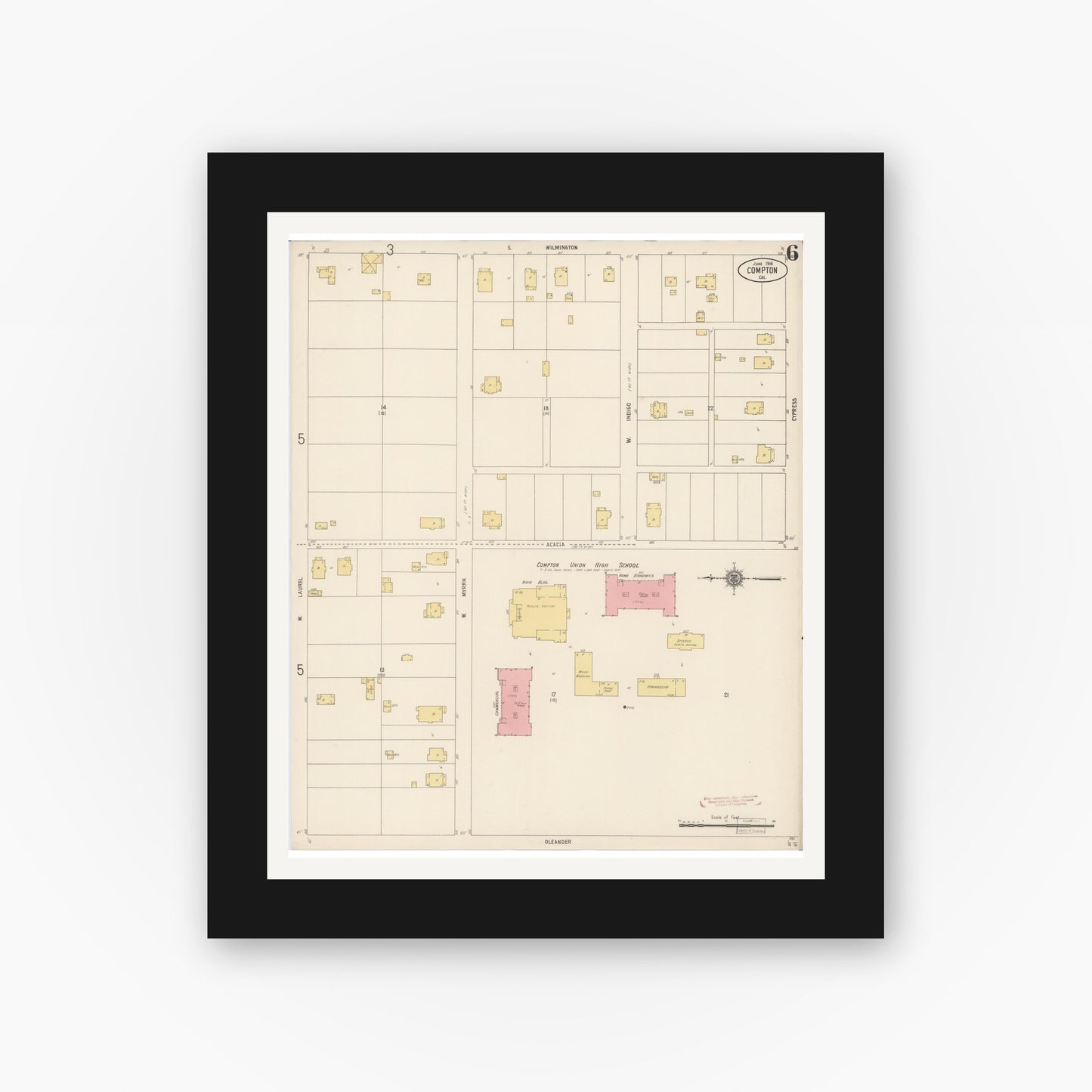 Old map wall art mockup — black gallery frame with white mat — Sanborn Fire Insurance Map from Compton, Los Angeles County, California (1916), Sheet #0006