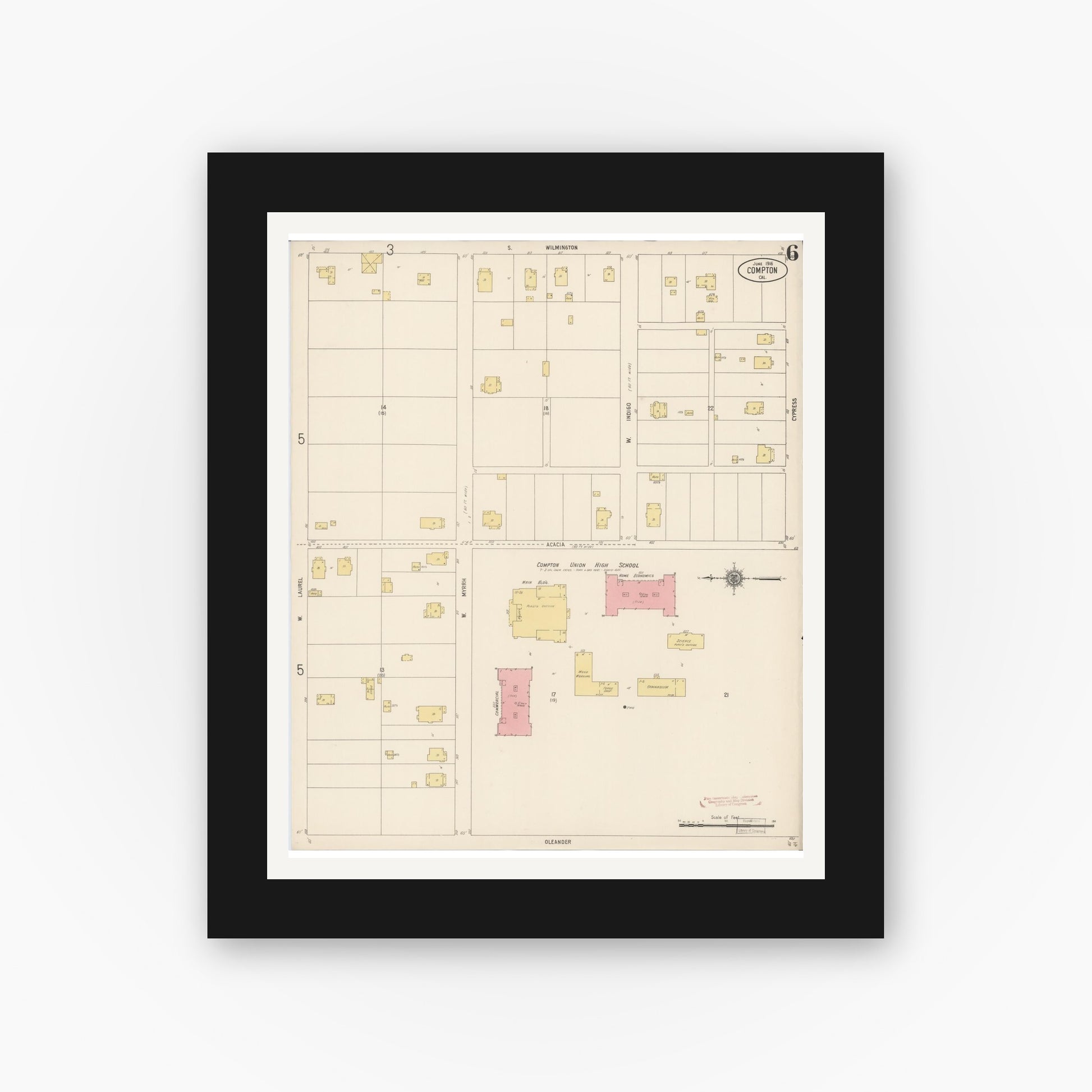 Old map wall art mockup — black gallery frame with white mat — Sanborn Fire Insurance Map from Compton, Los Angeles County, California (1916), Sheet #0006