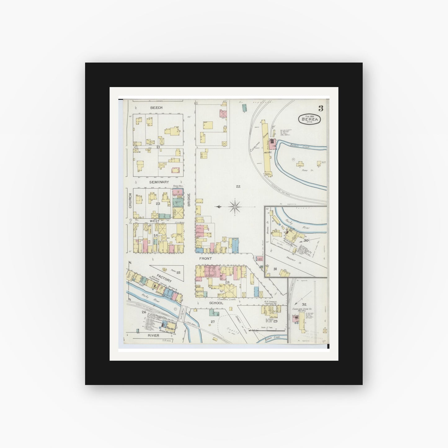 Old map wall art mockup — black gallery frame with white mat — Sanborn Fire Insurance Map from Berea, Cuyahoga County, Ohio (1893), Sheet #0003