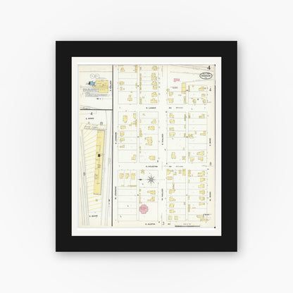 Old map wall art mockup — black gallery frame with white mat — Sanborn Fire Insurance Map from Denison, Grayson County, Texas (1908), Sheet #0004