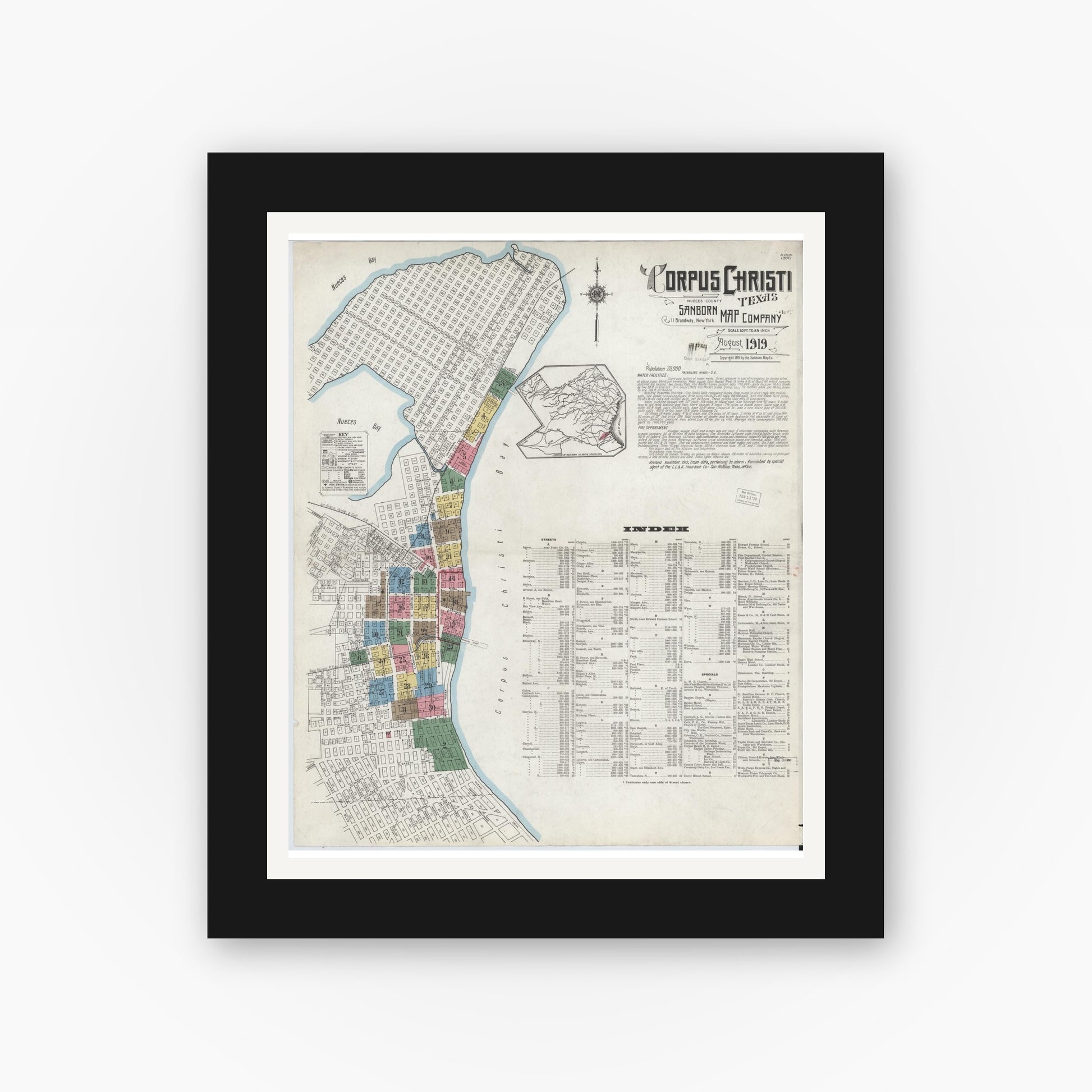 Old map wall art mockup — black gallery frame with white mat — Sanborn Fire Insurance Map from Corpus Christi, Nueces County, Texas (1919), Sheet #0001