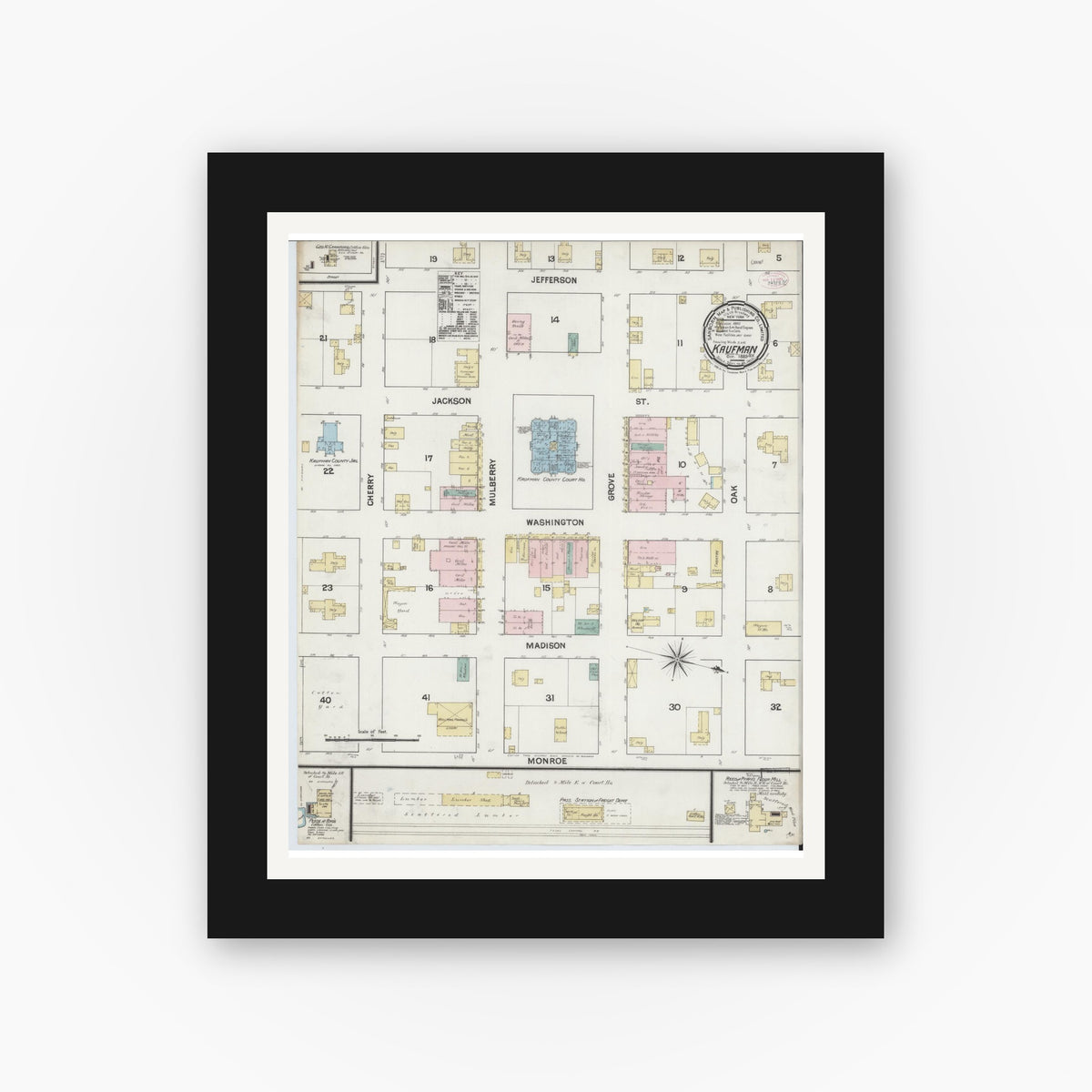 Old map wall art mockup — black gallery frame with white mat — Sanborn Fire Insurance Map from Kaufman, Kaufman County, Texas (1889), Sheet #0001