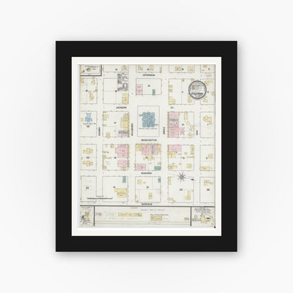 Old map wall art mockup — black gallery frame with white mat — Sanborn Fire Insurance Map from Kaufman, Kaufman County, Texas (1889), Sheet #0001