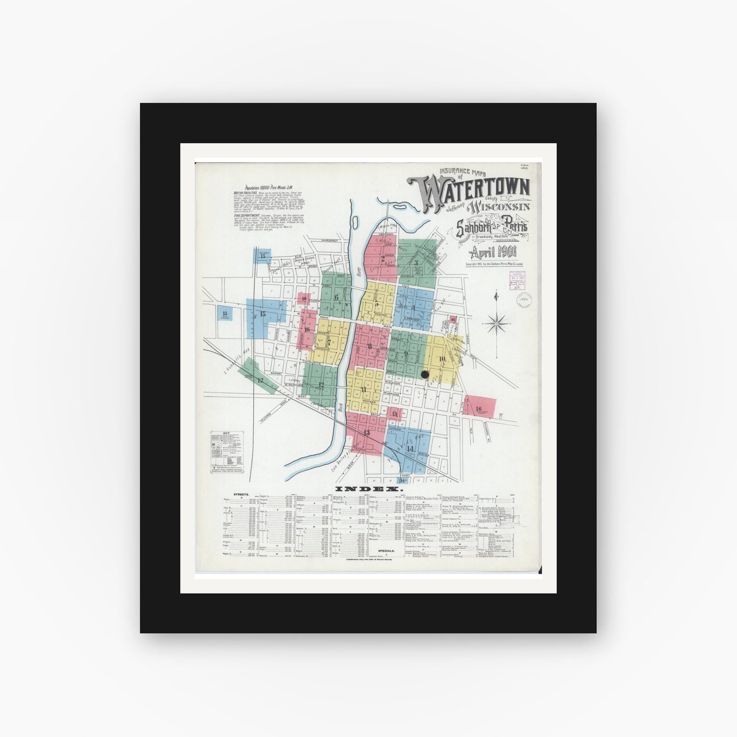 Old map wall art mockup — black gallery frame with white mat — Sanborn Fire Insurance Map from Watertown, Jefferson County, Wisconsin (1901), Sheet #0001