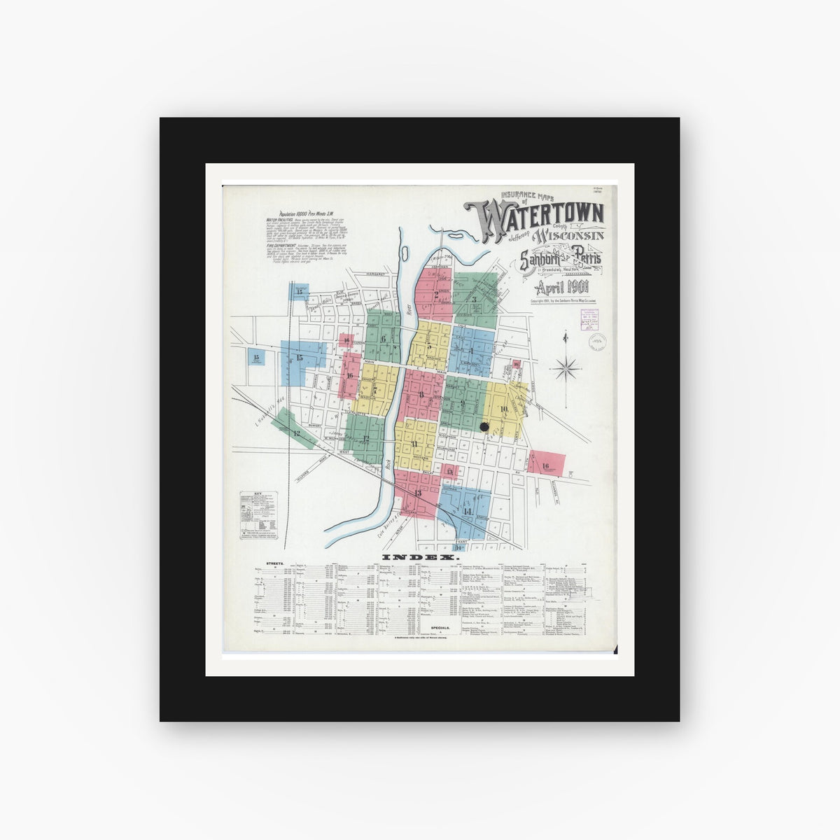 Old map wall art mockup — black gallery frame with white mat — Sanborn Fire Insurance Map from Watertown, Jefferson County, Wisconsin (1901), Sheet #0001