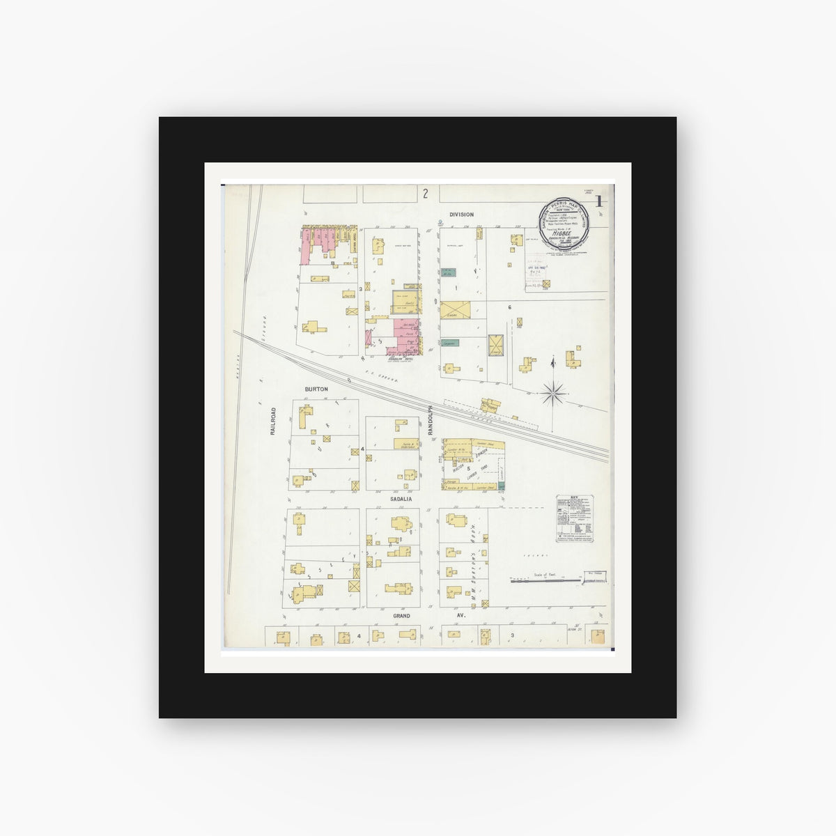 Old map wall art mockup — black gallery frame with white mat — Sanborn Fire Insurance Map from Higbee, Randolph County, Missouri (1900) - Complete Map Set