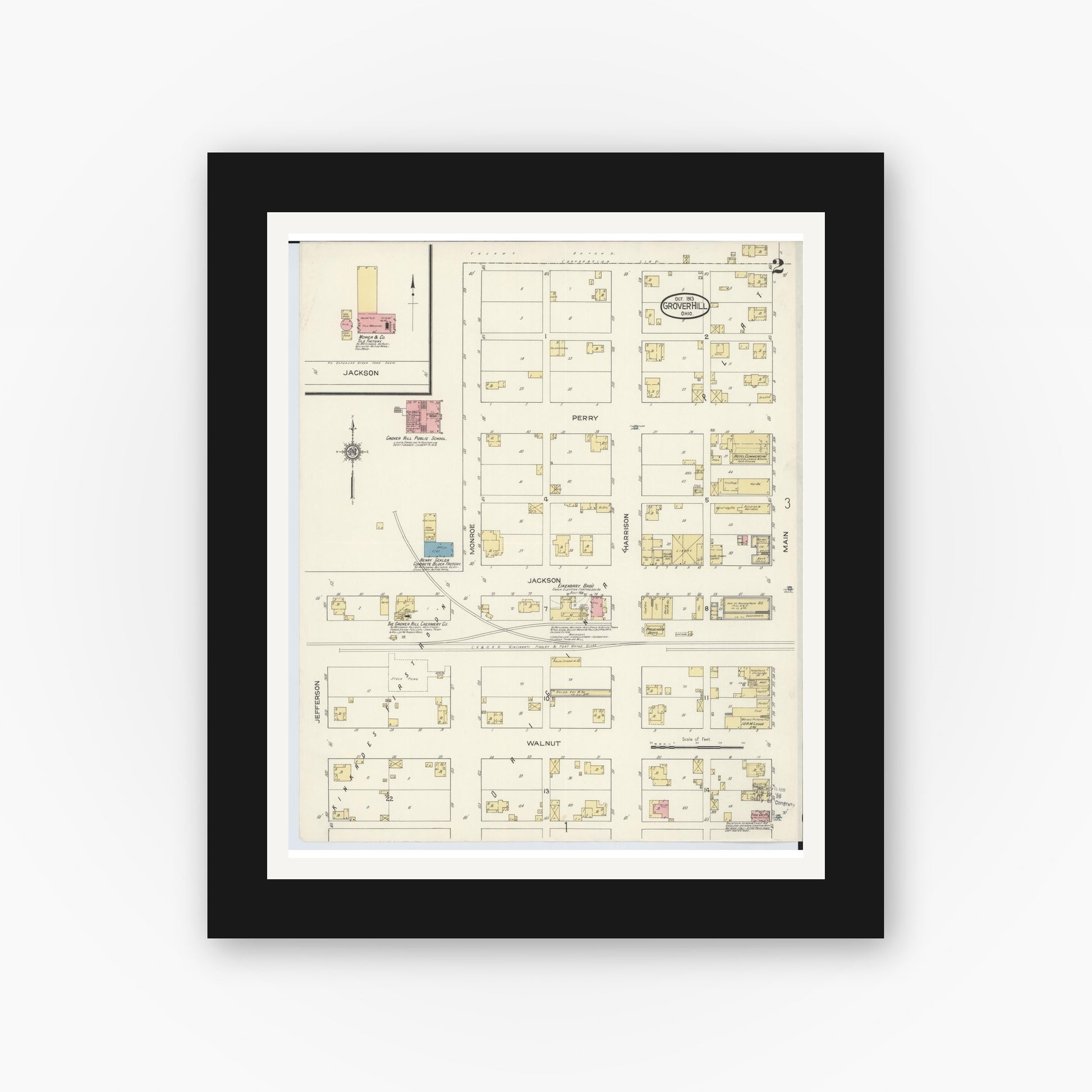 Old map wall art mockup — black gallery frame with white mat — Sanborn Fire Insurance Map from Grover Hill, Paulding County, Ohio (1913), Sheet #0002