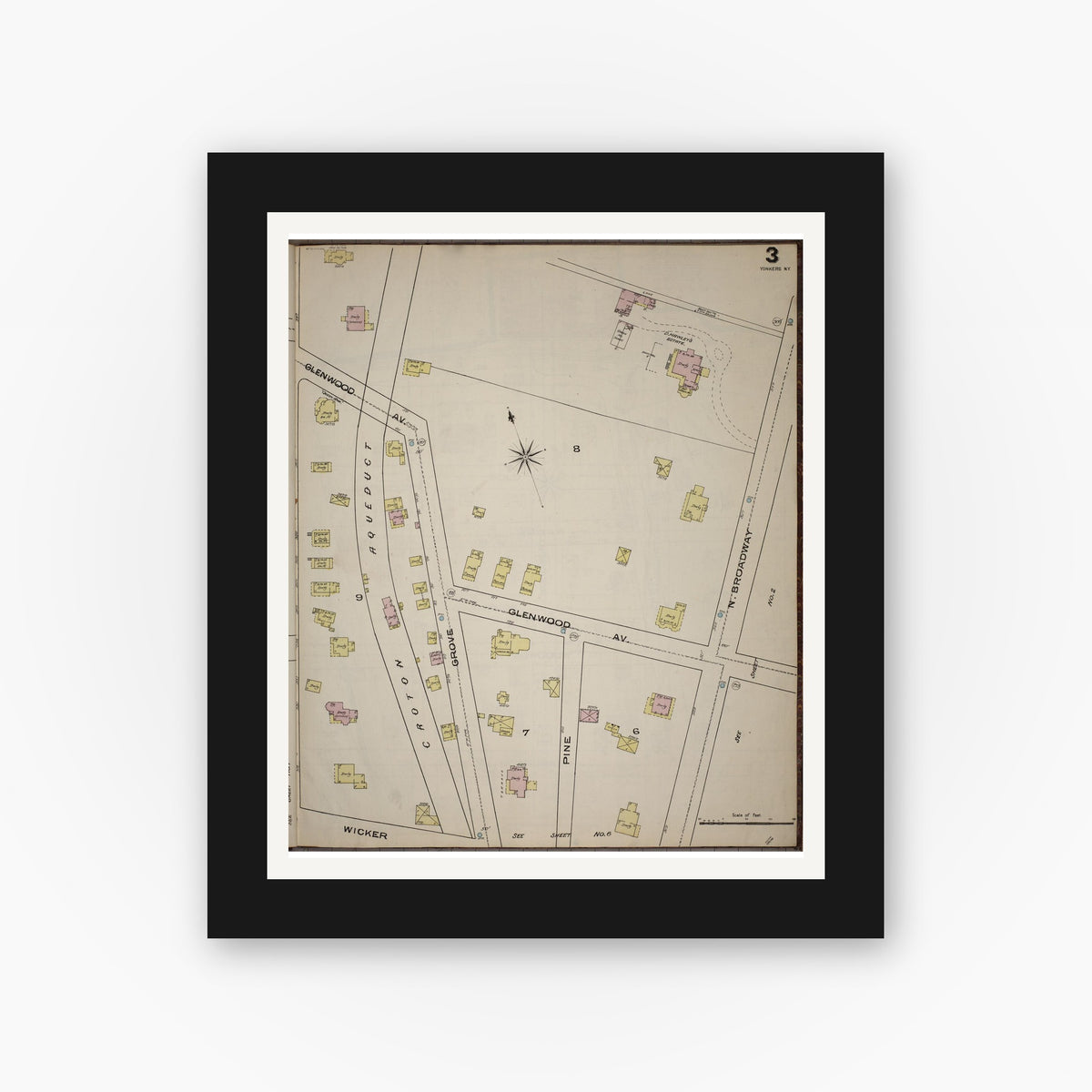 Old map wall art mockup — black gallery frame with white mat — Sanborn Fire Insurance Map from Yonkers, Westchester County, New York (1886), Sheet #0003