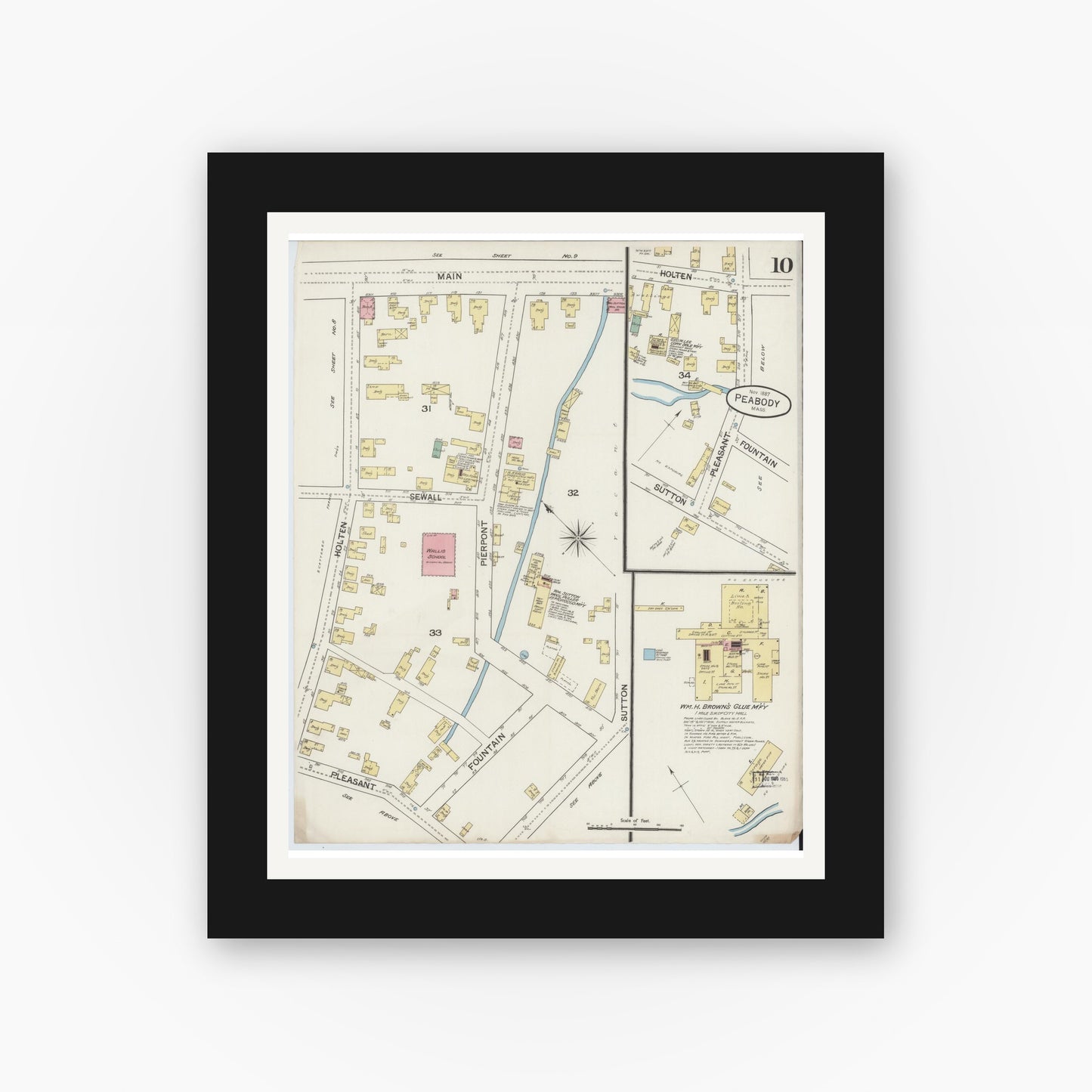 Old map wall art mockup — black gallery frame with white mat — Sanborn Fire Insurance Map from Peabody, Essex County, Massachusetts (1887), Sheet #0010