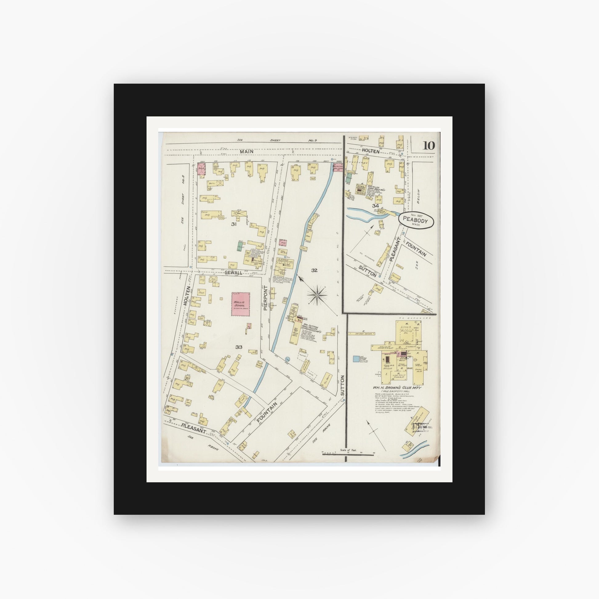 Old map wall art mockup — black gallery frame with white mat — Sanborn Fire Insurance Map from Peabody, Essex County, Massachusetts (1887), Sheet #0010