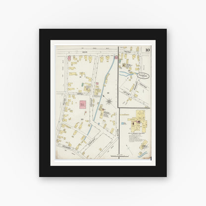 Old map wall art mockup — black gallery frame with white mat — Sanborn Fire Insurance Map from Peabody, Essex County, Massachusetts (1887), Sheet #0010