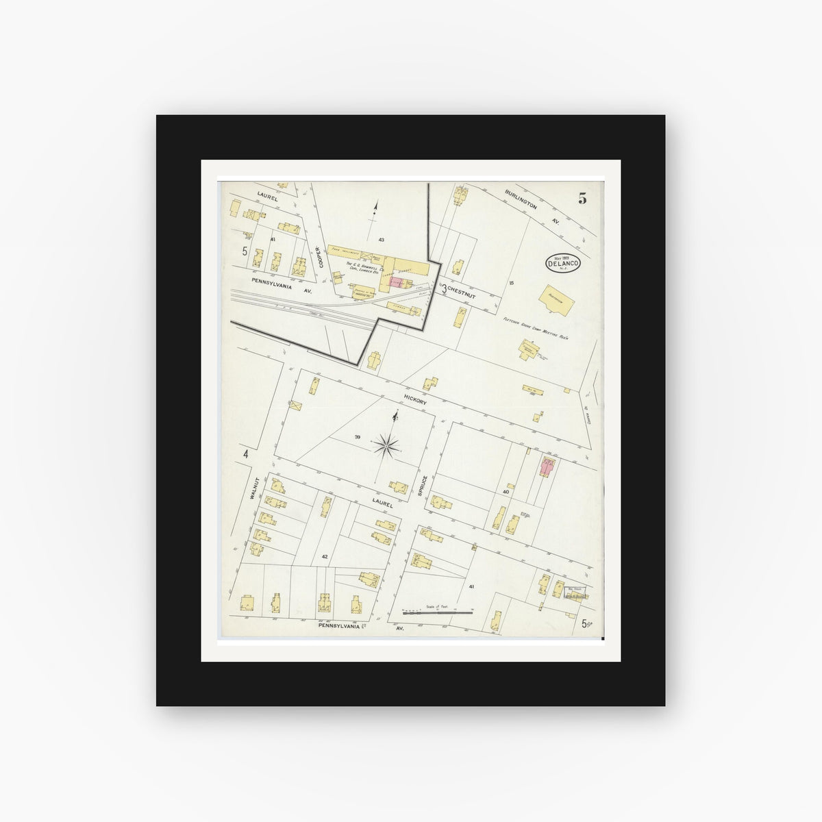 Old map wall art mockup — black gallery frame with white mat — Sanborn Fire Insurance Map from Delanco, Burlington County, New Jersey (1909), Sheet #0005