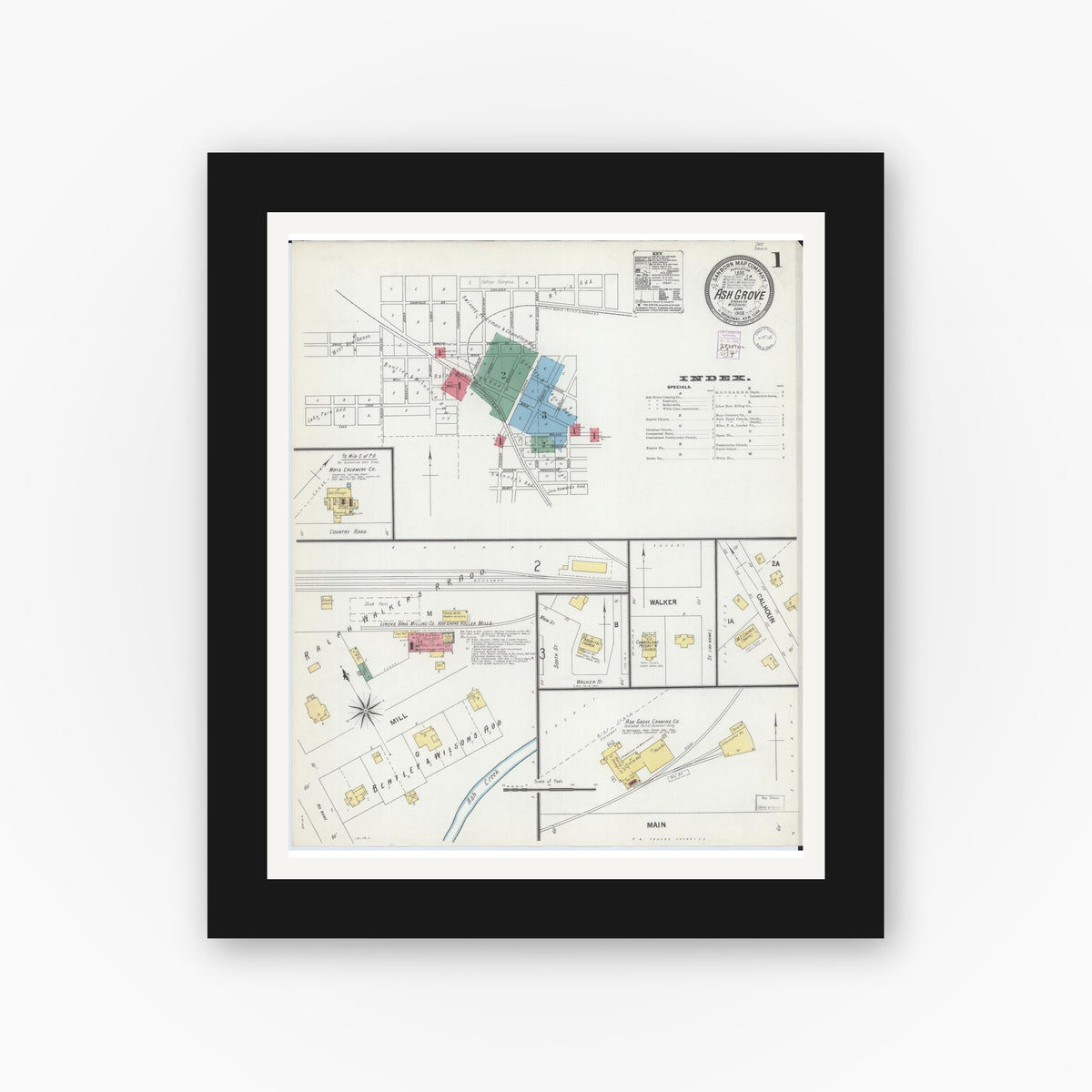 Old map wall art mockup — black gallery frame with white mat — Sanborn Fire Insurance Map from Ash Grove, Greene County, Missouri (1902) - Complete Map Set