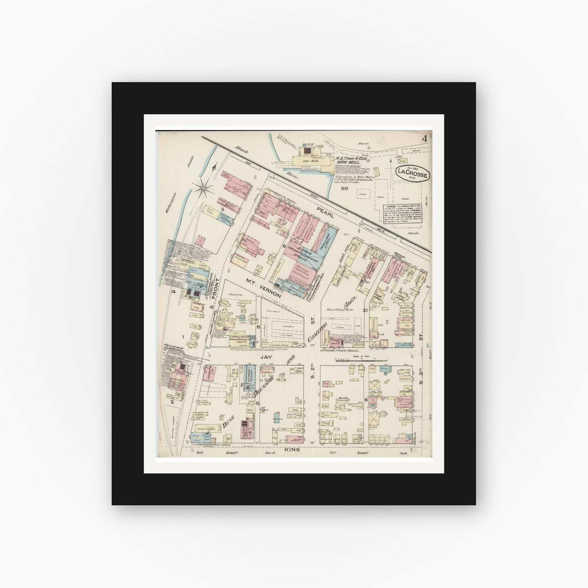 Old map wall art mockup — black gallery frame with white mat — Sanborn Fire Insurance Map from La Crosse, La Crosse County, Wisconsin (1884), Sheet #0004