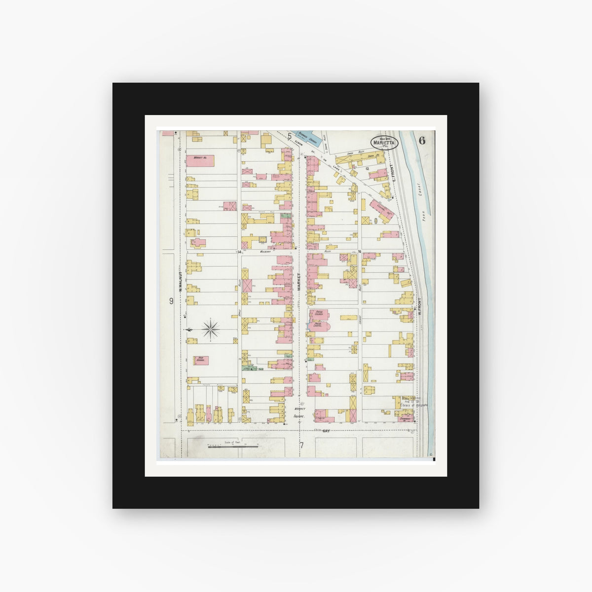 Old map wall art mockup — black gallery frame with white mat — Sanborn Fire Insurance Map from Marietta, Lancaster County, Pennsylvania (1899), Sheet #0006