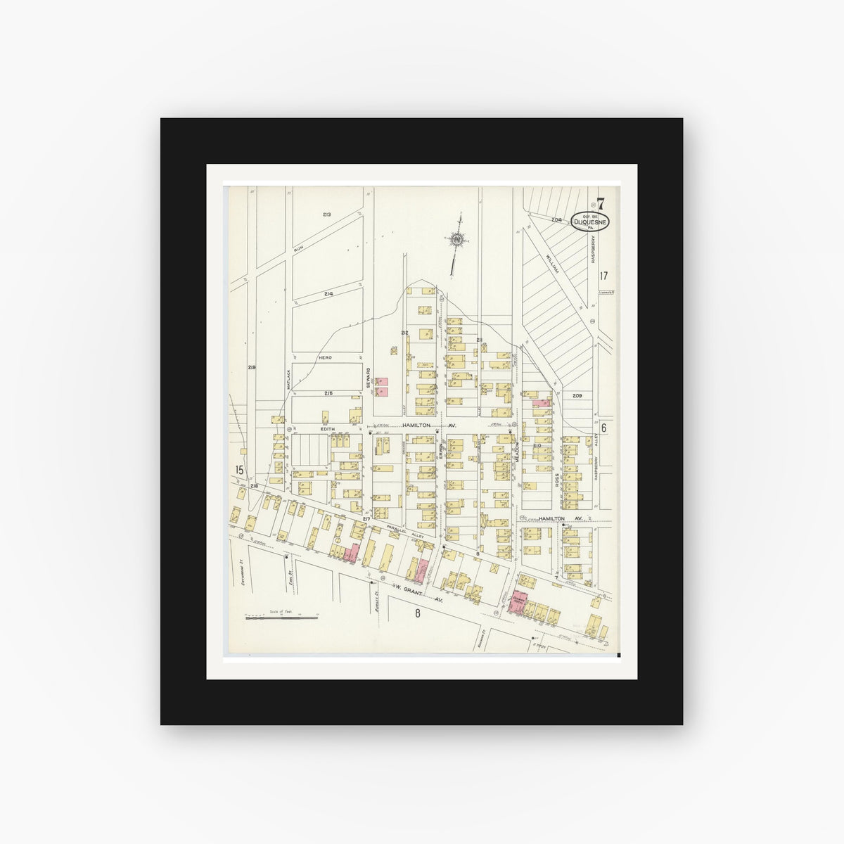 Old map wall art mockup — black gallery frame with white mat — Sanborn Fire Insurance Map from Duquesne, Allegheny County, Pennsylvania (1911), Sheet #0007