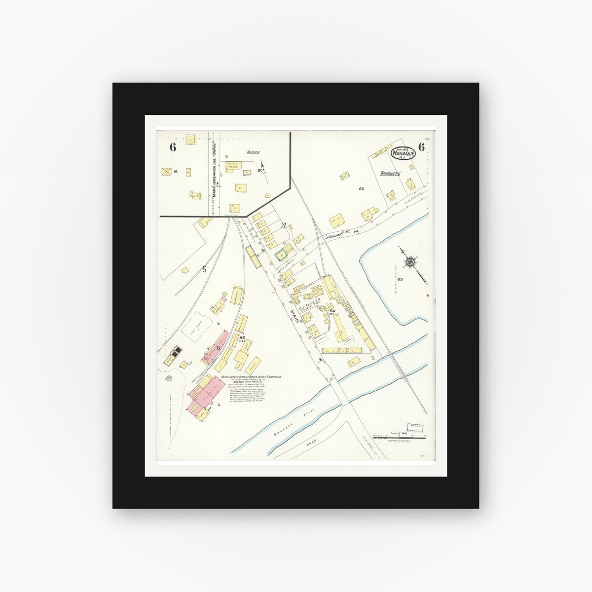 Old map wall art mockup — black gallery frame with white mat — Sanborn Fire Insurance Map from Wanaque, Passaic County, New Jersey (1923), Sheet #0006