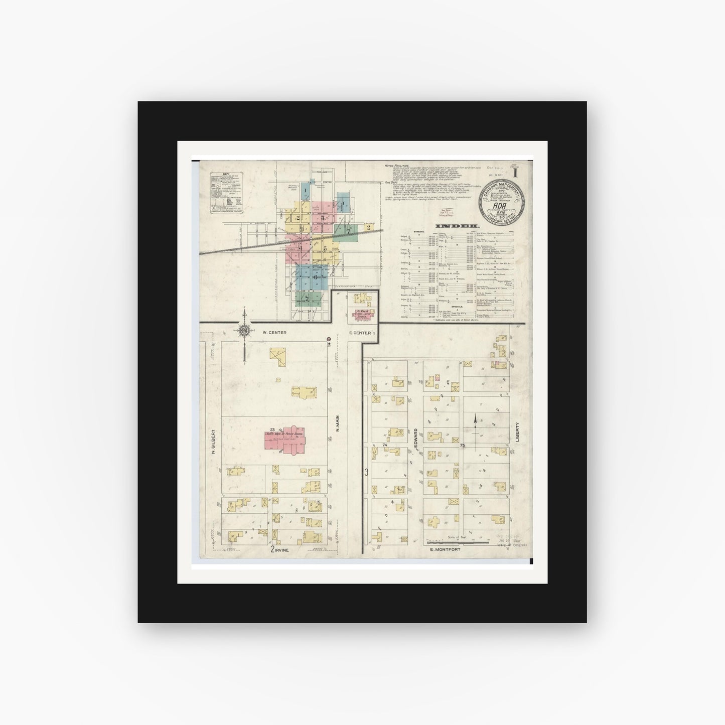 Old map wall art mockup — black gallery frame with white mat — Sanborn Fire Insurance Map from Ada, Hardin County, Ohio (1910) - Complete Map Set