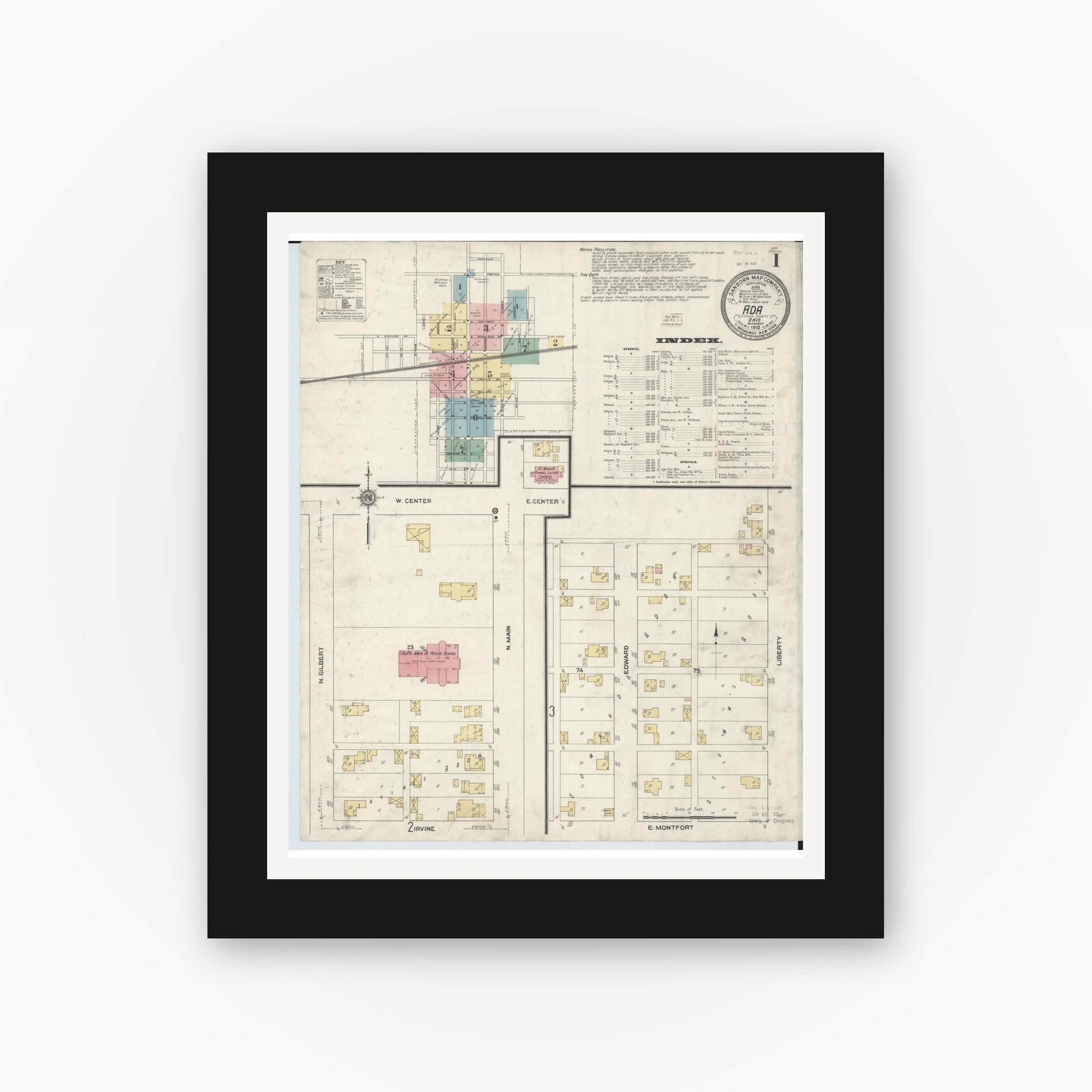 Old map wall art mockup — black gallery frame with white mat — Sanborn Fire Insurance Map from Ada, Hardin County, Ohio (1910) - Complete Map Set