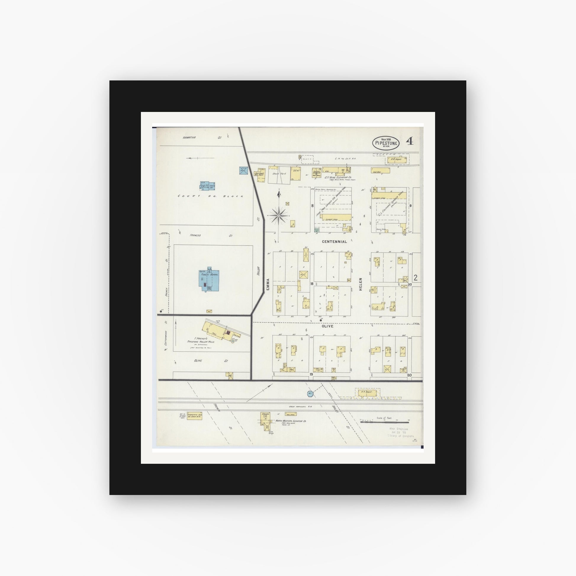 Old map wall art mockup — black gallery frame with white mat — Sanborn Fire Insurance Map from Pipestone, Pipestone County, Minnesota (1898), Sheet #0004