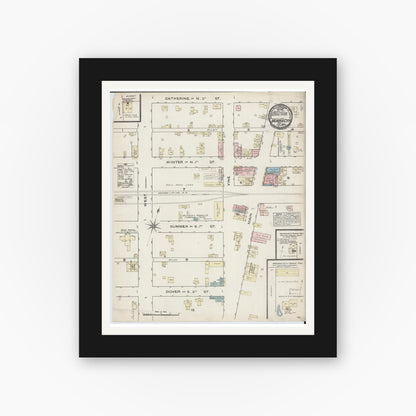 Old map wall art mockup — black gallery frame with white mat — Sanborn Fire Insurance Map from Monroe City, Monroe County, Missouri (1884), Sheet #0001
