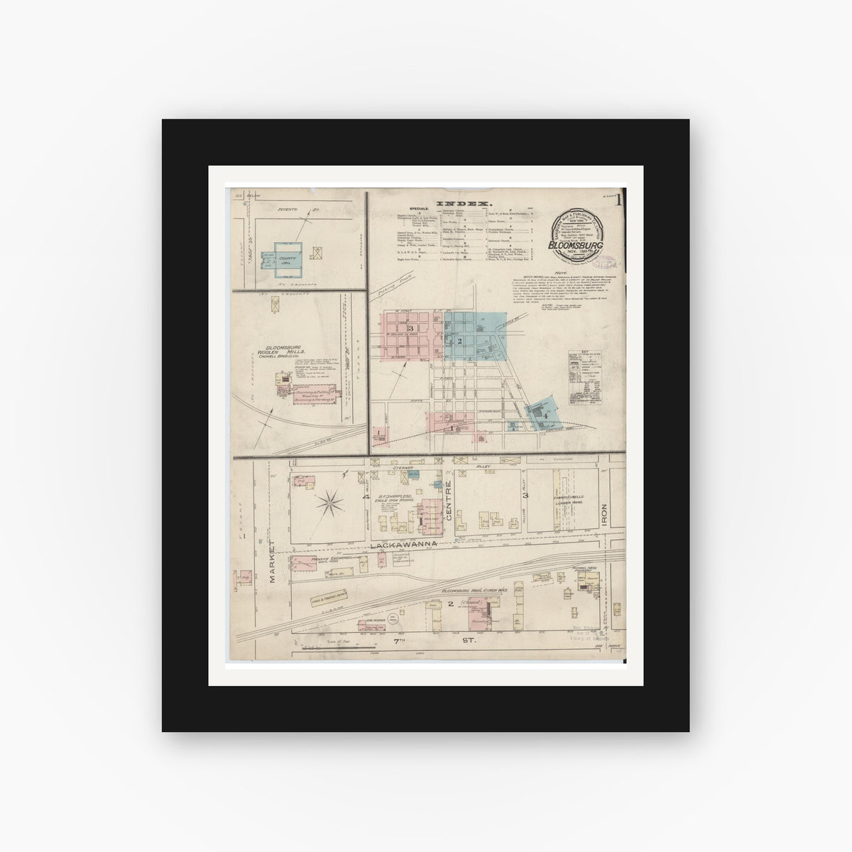 Old map wall art mockup — black gallery frame with white mat — Sanborn Fire Insurance Map from Bloomsburg, Columbia County, Pennsylvania (1885) - Complete Map Set