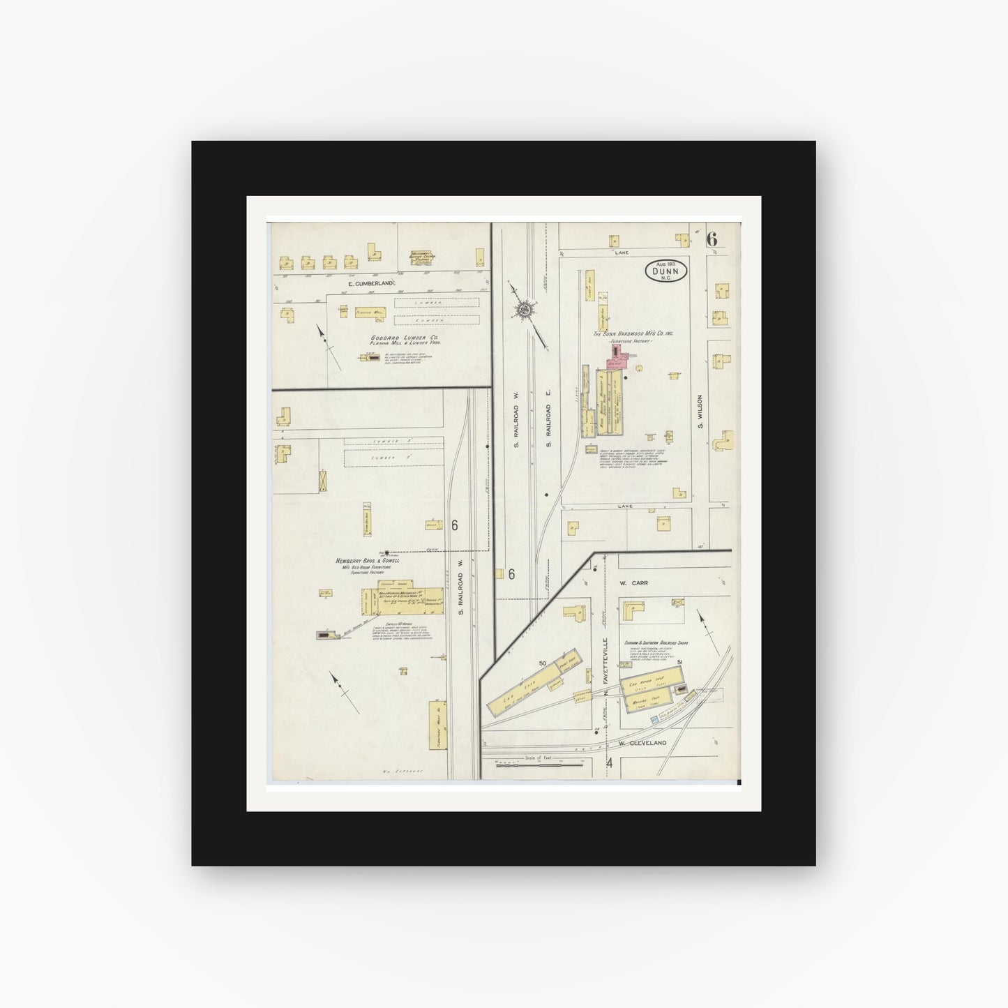 Old map wall art mockup — black gallery frame with white mat — Sanborn Fire Insurance Map from Dunn, Harnett County, North Carolina (1913), Sheet #0006