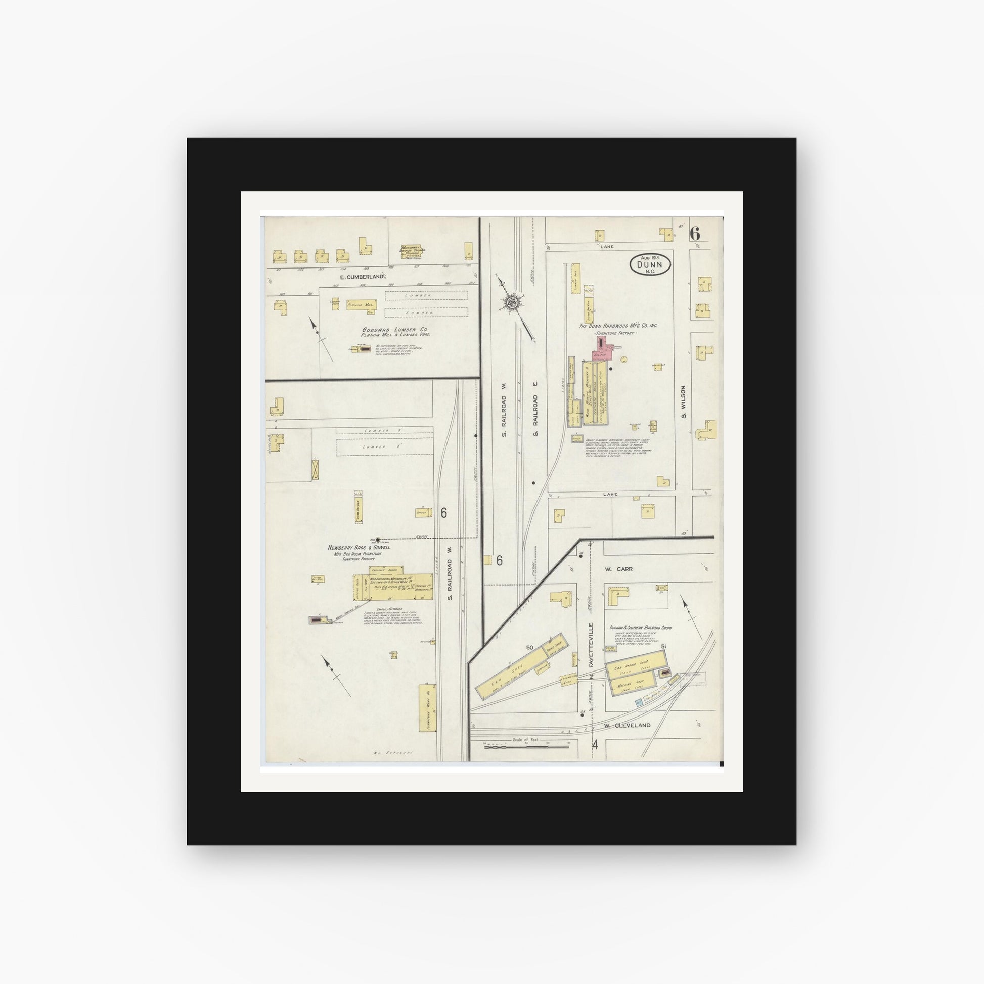 Old map wall art mockup — black gallery frame with white mat — Sanborn Fire Insurance Map from Dunn, Harnett County, North Carolina (1913), Sheet #0006