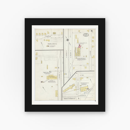Old map wall art mockup — black gallery frame with white mat — Sanborn Fire Insurance Map from Dunn, Harnett County, North Carolina (1913), Sheet #0006