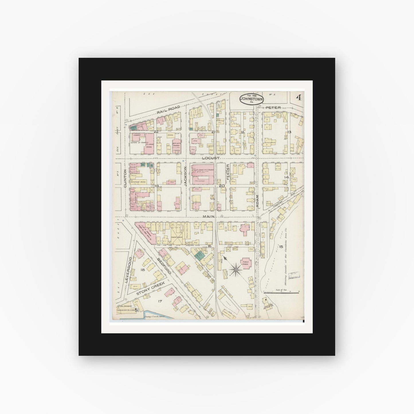Old map wall art mockup — black gallery frame with white mat — Sanborn Fire Insurance Map from Johnstown, Cambria County, Pennsylvania (1886), Sheet #0004