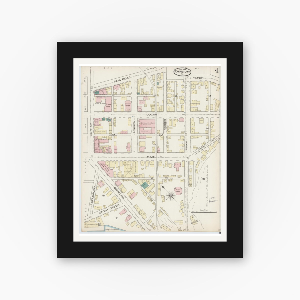 Old map wall art mockup — black gallery frame with white mat — Sanborn Fire Insurance Map from Johnstown, Cambria County, Pennsylvania (1886), Sheet #0004