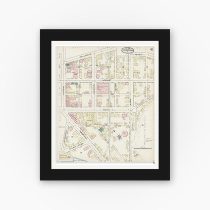 Old map wall art mockup — black gallery frame with white mat — Sanborn Fire Insurance Map from Johnstown, Cambria County, Pennsylvania (1886), Sheet #0004