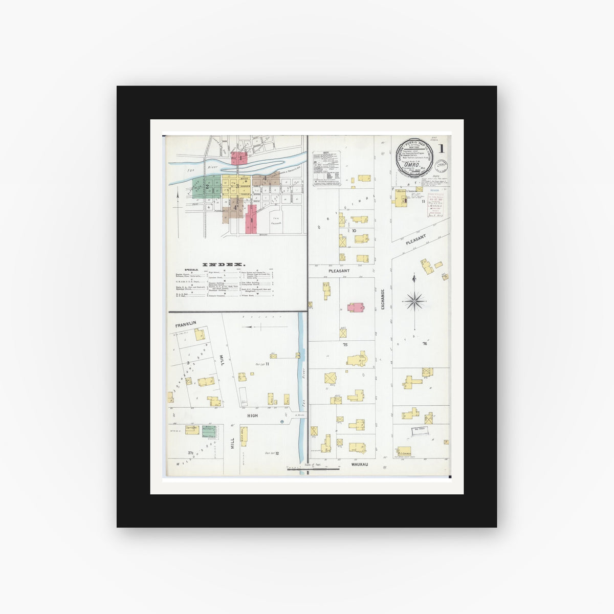 Old map wall art mockup — black gallery frame with white mat — Sanborn Fire Insurance Map from Omro, Winnebago County, Wisconsin (1900) - Complete Map Set