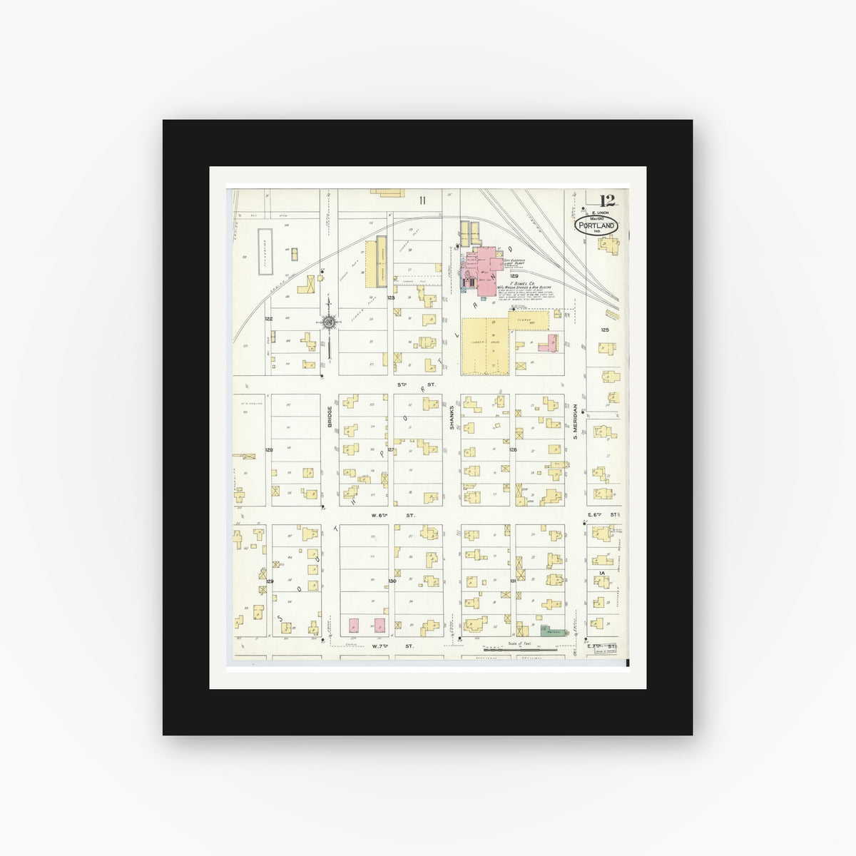Old map wall art mockup — black gallery frame with white mat — Sanborn Fire Insurance Map from Portland, Jay County, Indiana (1910), Sheet #0012