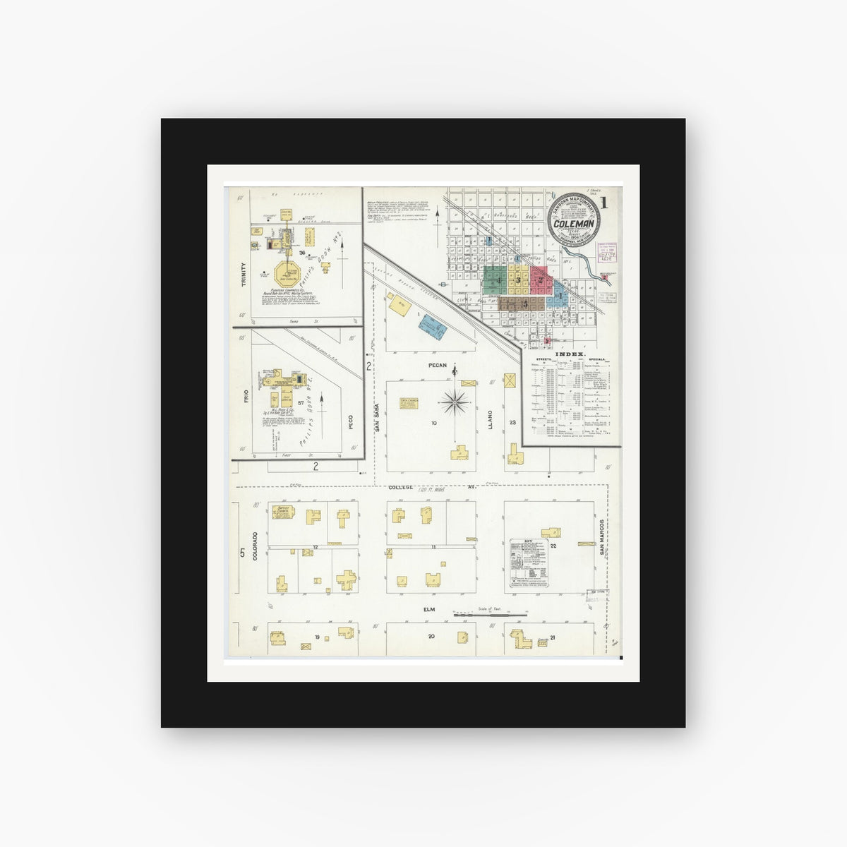 Old map wall art mockup — black gallery frame with white mat — Sanborn Fire Insurance Map from Coleman, Coleman County, Texas (1904), Sheet #0001