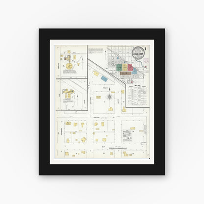 Old map wall art mockup — black gallery frame with white mat — Sanborn Fire Insurance Map from Coleman, Coleman County, Texas (1904), Sheet #0001
