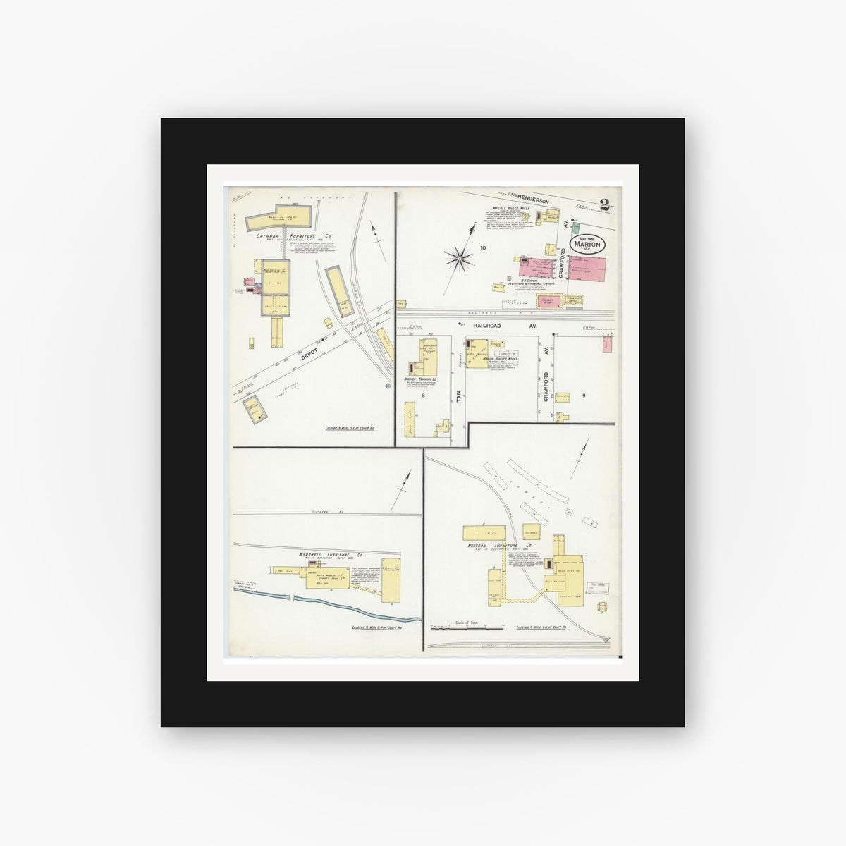 Old map wall art mockup — black gallery frame with white mat — Sanborn Fire Insurance Map from Marion, Mcdowell County, North Carolina (1908), Sheet #0002