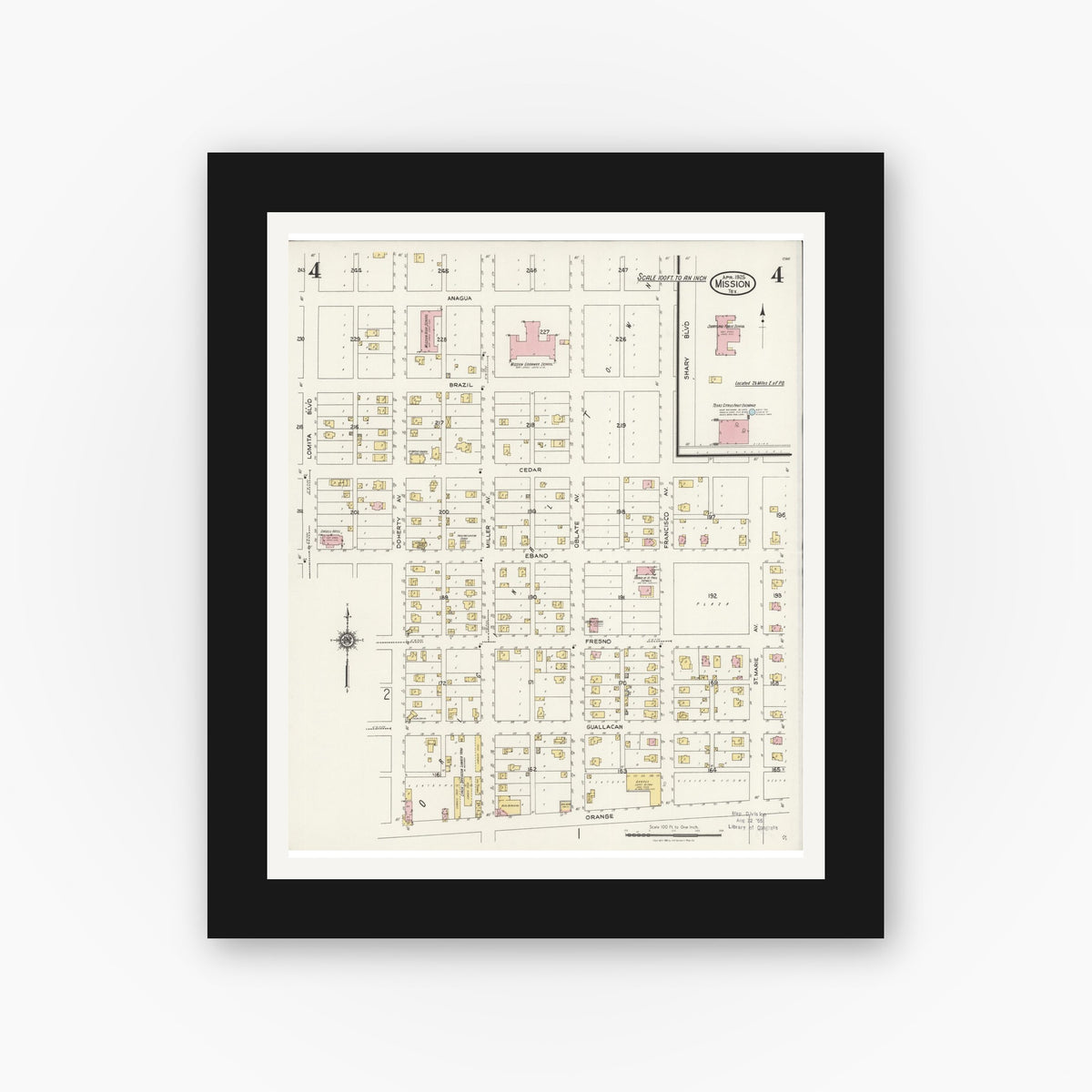 Old map wall art mockup — black gallery frame with white mat — Sanborn Fire Insurance Map from Mission, Hidalgo County, Texas (1925), Sheet #0004