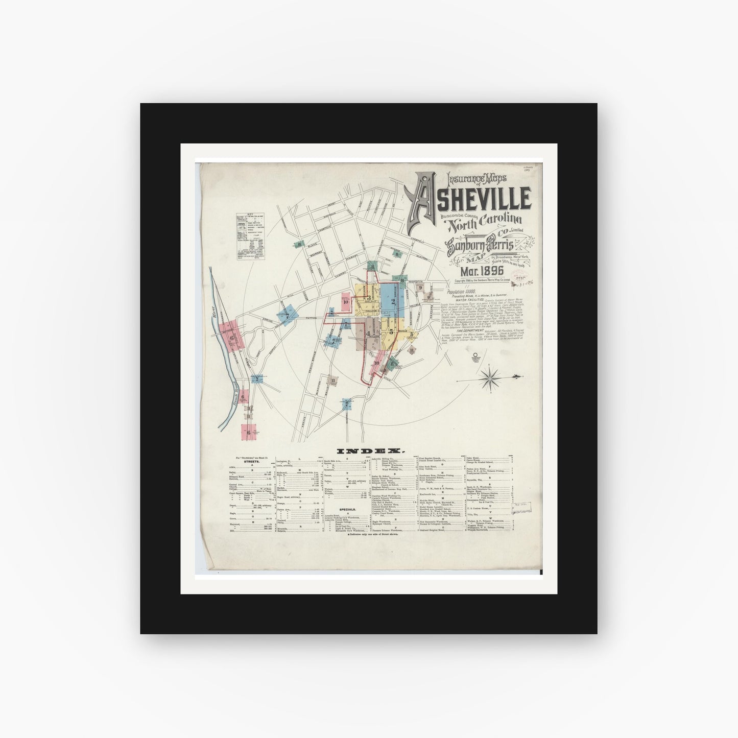 Old map wall art mockup — black gallery frame with white mat — Sanborn Fire Insurance Map from Asheville, Buncombe County, North Carolina (1896) - Complete Map Set