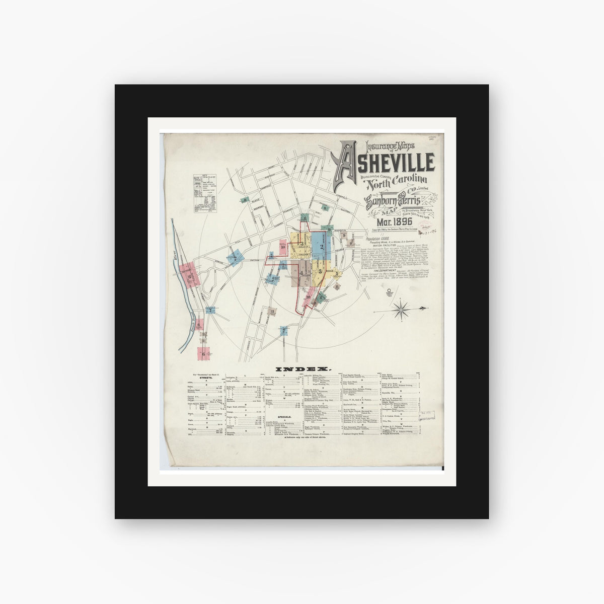 Old map wall art mockup — black gallery frame with white mat — Sanborn Fire Insurance Map from Asheville, Buncombe County, North Carolina (1896) - Complete Map Set