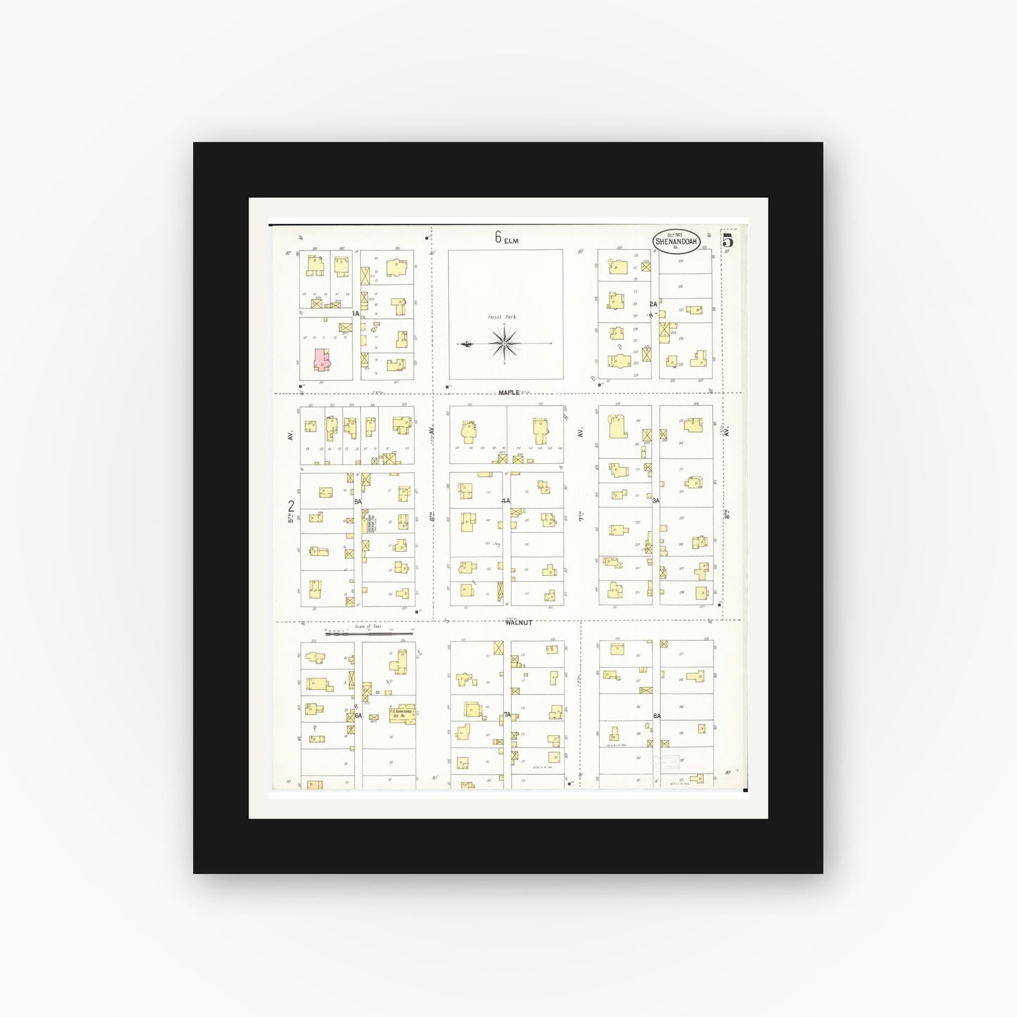 Old map wall art mockup — black gallery frame with white mat — Sanborn Fire Insurance Map from Shenandoah, Page County, Iowa (1901), Sheet #0005