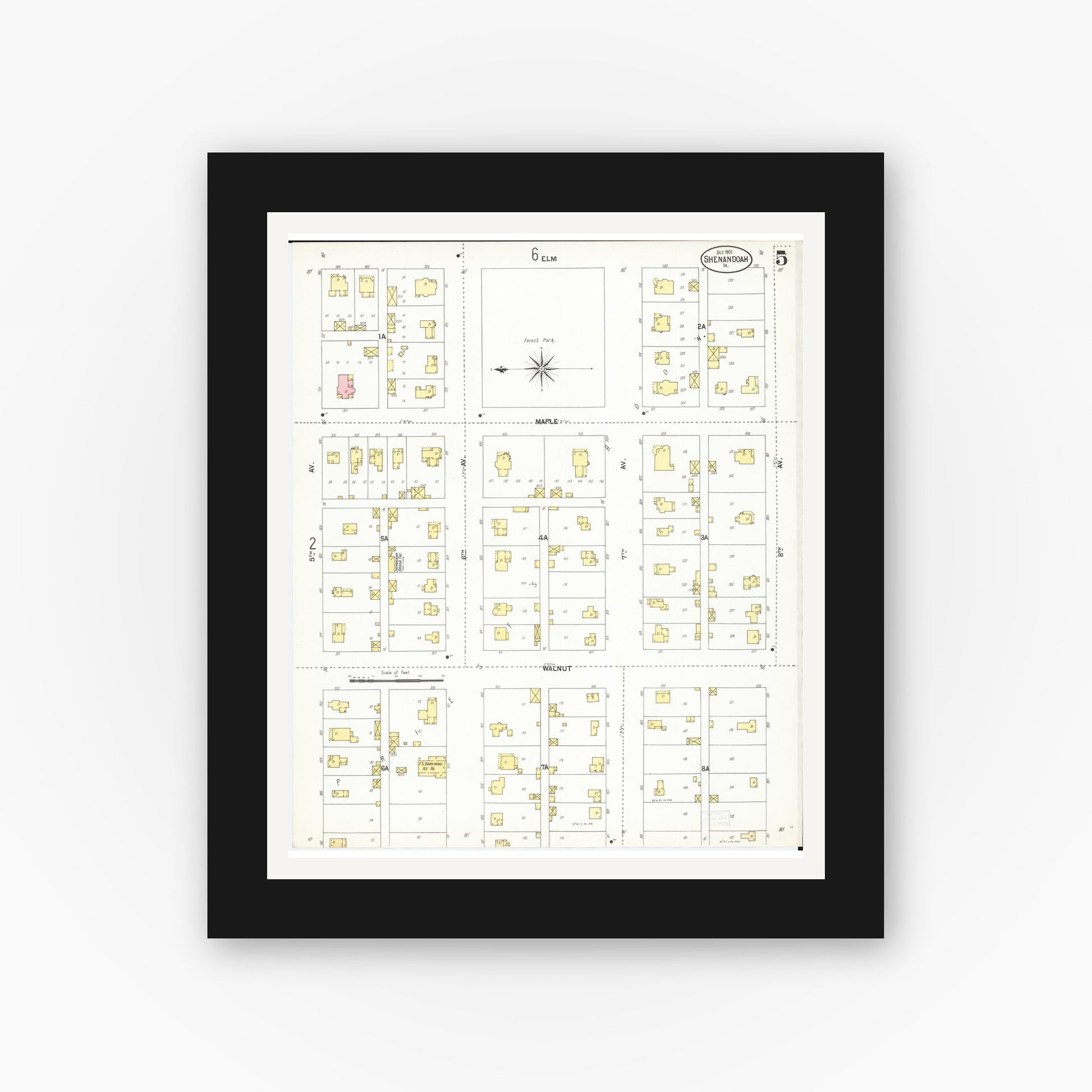 Old map wall art mockup — black gallery frame with white mat — Sanborn Fire Insurance Map from Shenandoah, Page County, Iowa (1901), Sheet #0005