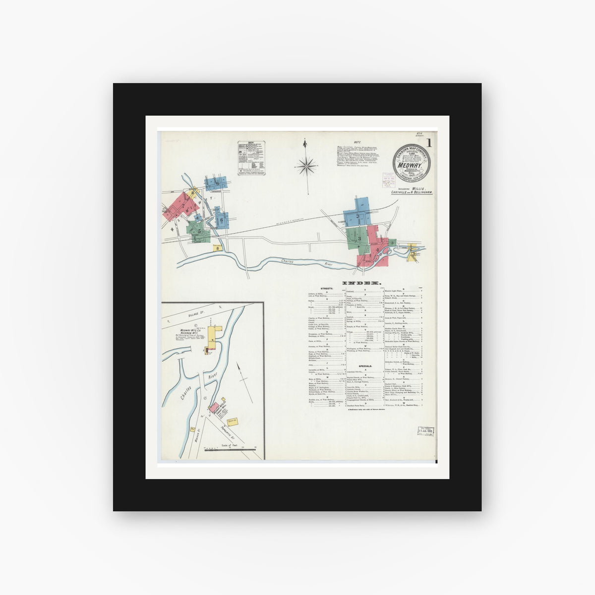 Old map wall art mockup — black gallery frame with white mat — Sanborn Fire Insurance Map from Medway, Norfolk County, Massachusetts (1903), Sheet #0001